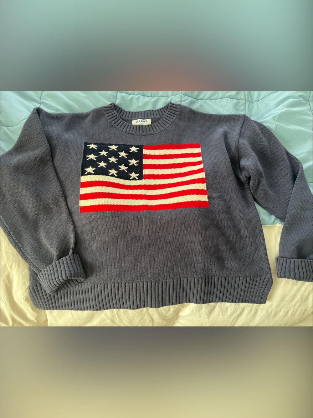 Old Navy Navy Crewneck Sweater with American Flag Motif